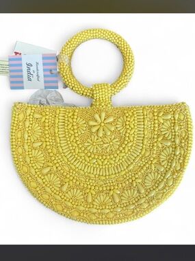 Made in India Handcrafted Yellow Beaded Half-Moon Bag